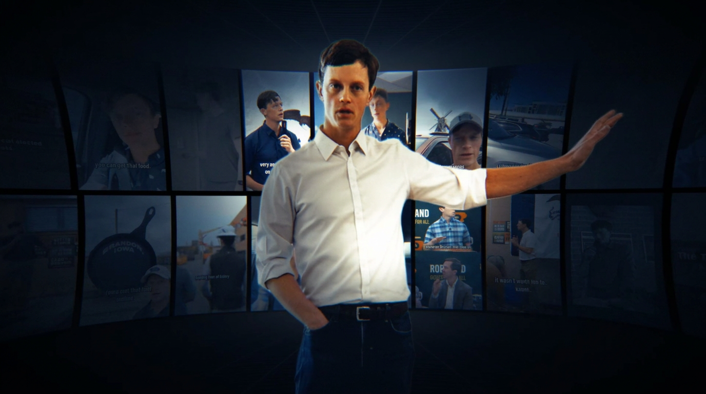 Rob Sand standing before a wall of campaign footage